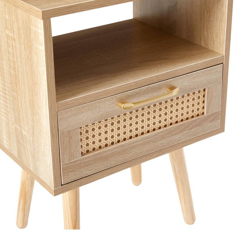 Mid-Century End Table with Drawer and Charging Station Rattan Nightstand-Natural
