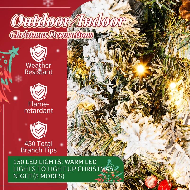 Pre-lit Snow Flocked Christmas Wreath, Lighted Artificial Xmas Wreath with Lights and DIY Ornaments, for Xmas Party Decorations