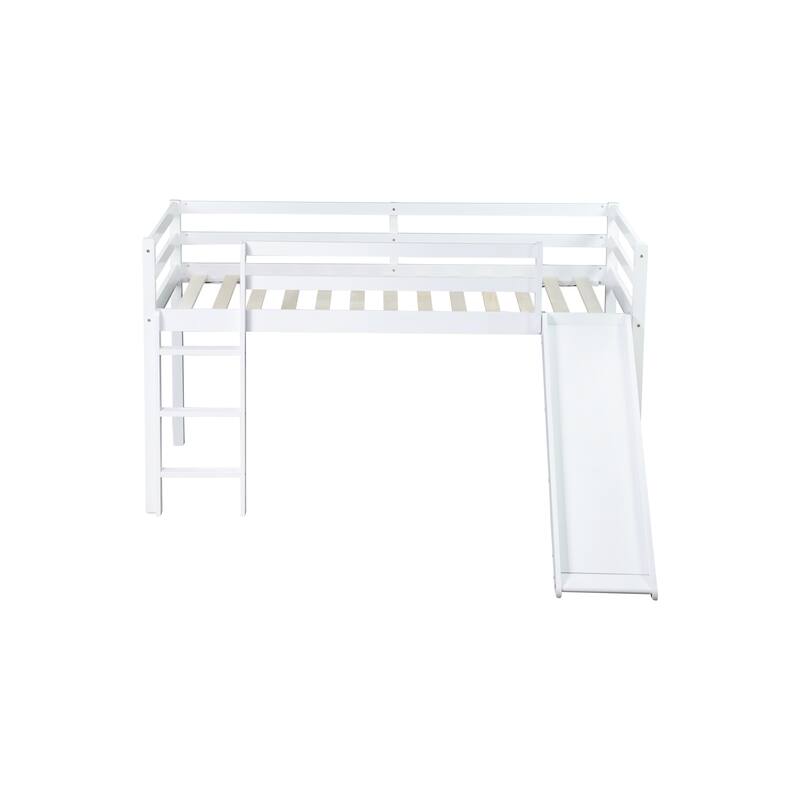 Twin Low Loft Bed with Slide, Ladder, and Storage Space, Rubber Wood Construction with High Guardrails for Safety