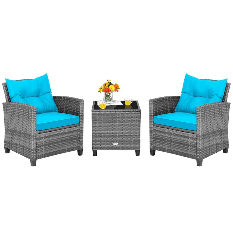 Costway 3PCS Patio Rattan Furniture Bistro Set Cushioned Sofas Side - See Details