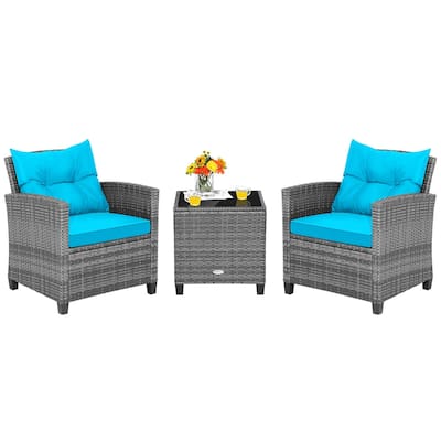 Gymax Set of 3 Rattan Furniture Bistro Set Cushioned Sofas Side Table