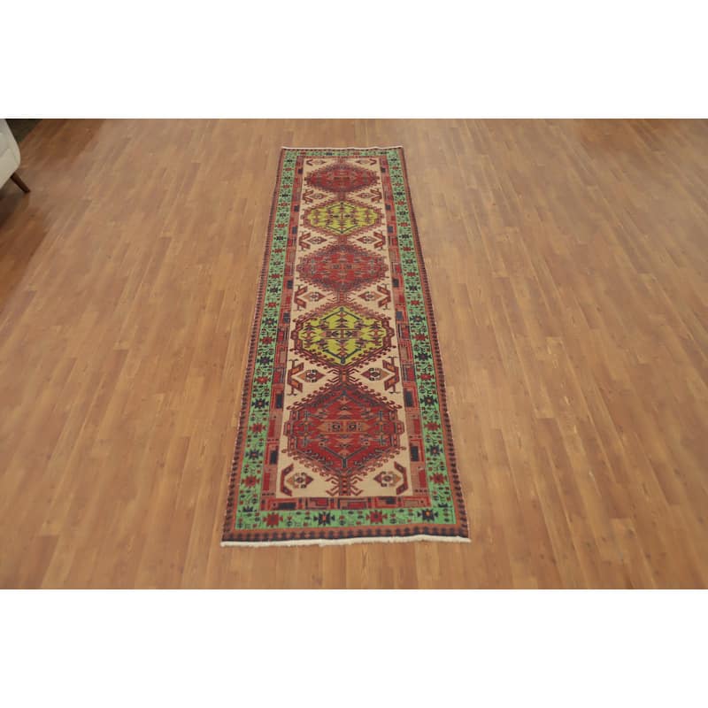 Hand Knotted Oriental 100% Wool Carpet Traditional Tribal Beige & Ivories Ardebil Runner Rug - 10' 5'' X 3' 1''