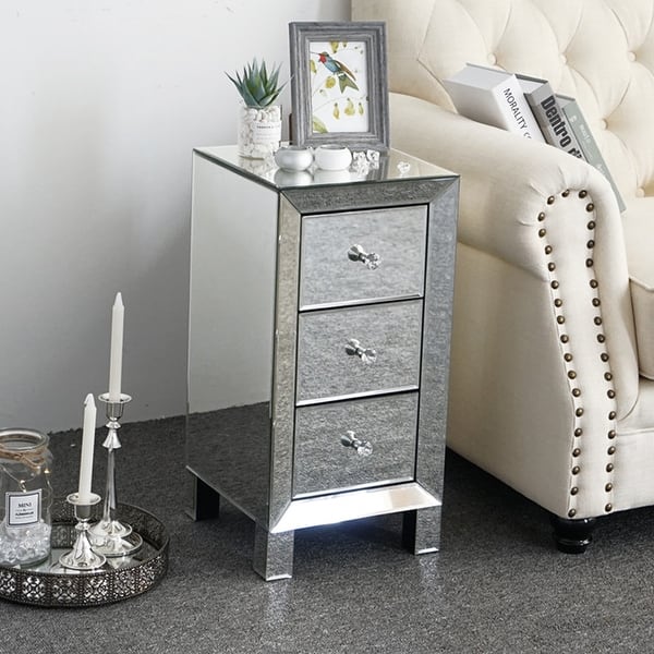 Modern and Contemporary Mirrored 3Drawers Nightstand Bedside Table