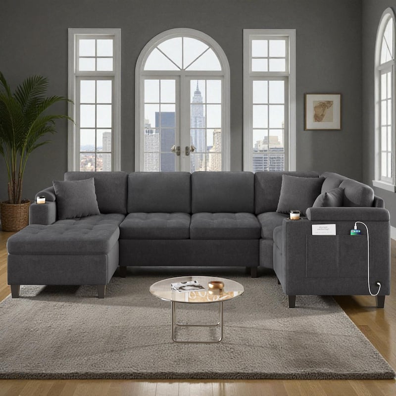 115.7" Modern U-Shaped Sectional Sofa with Cup Holders, Storage Space and USB Ports, Oversized Chenille Couch for Living Room