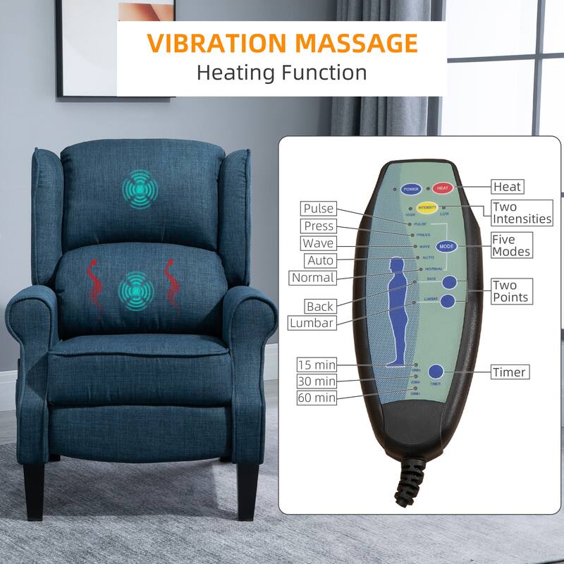 Vintage Upholstered Wingback Heated Vibrating Massage Recliner Chair: with Remote Controller and Push-back Recline.
