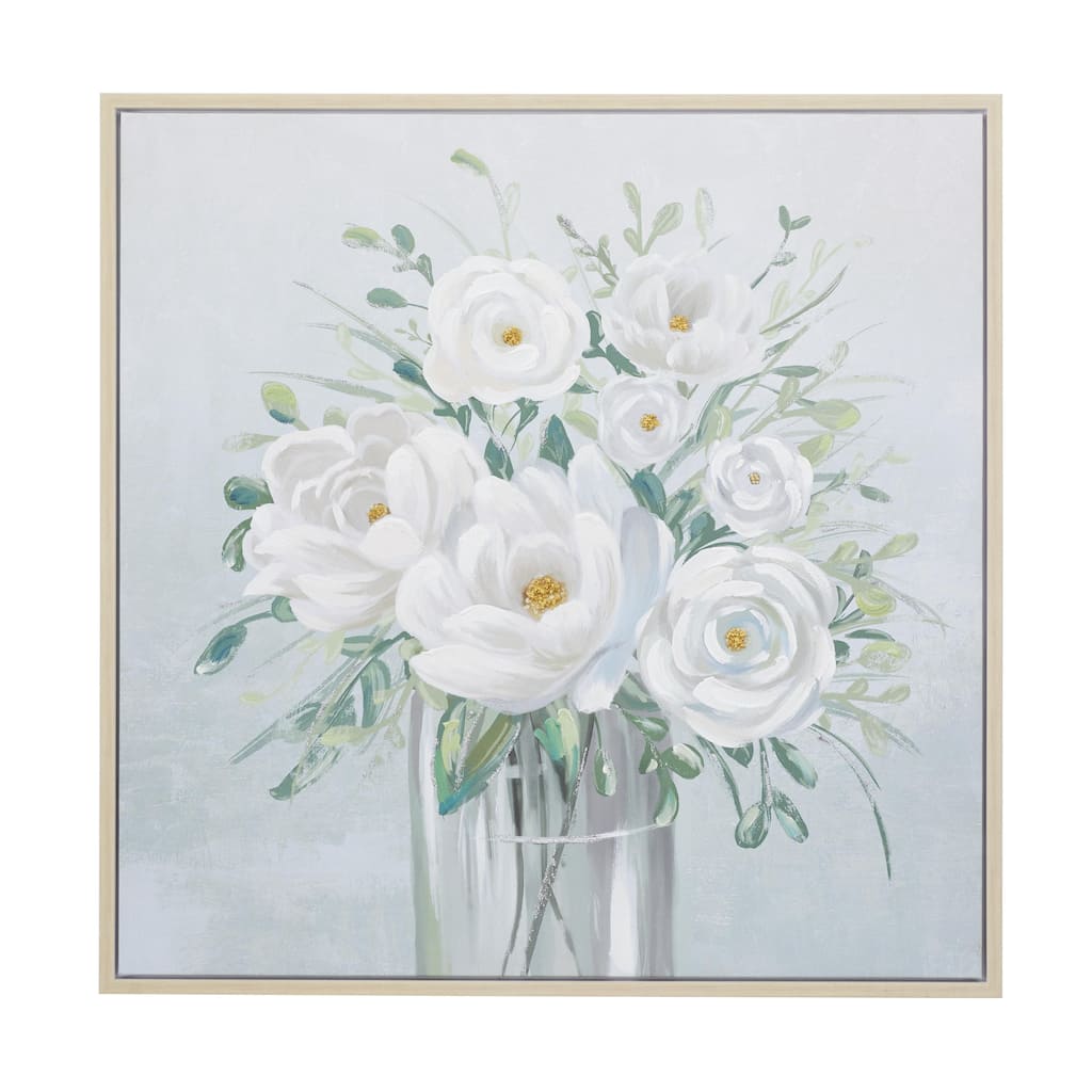 Canvas Floral Bouquet Framed Wall Art with Tan Frame - White - Roche River Decor
