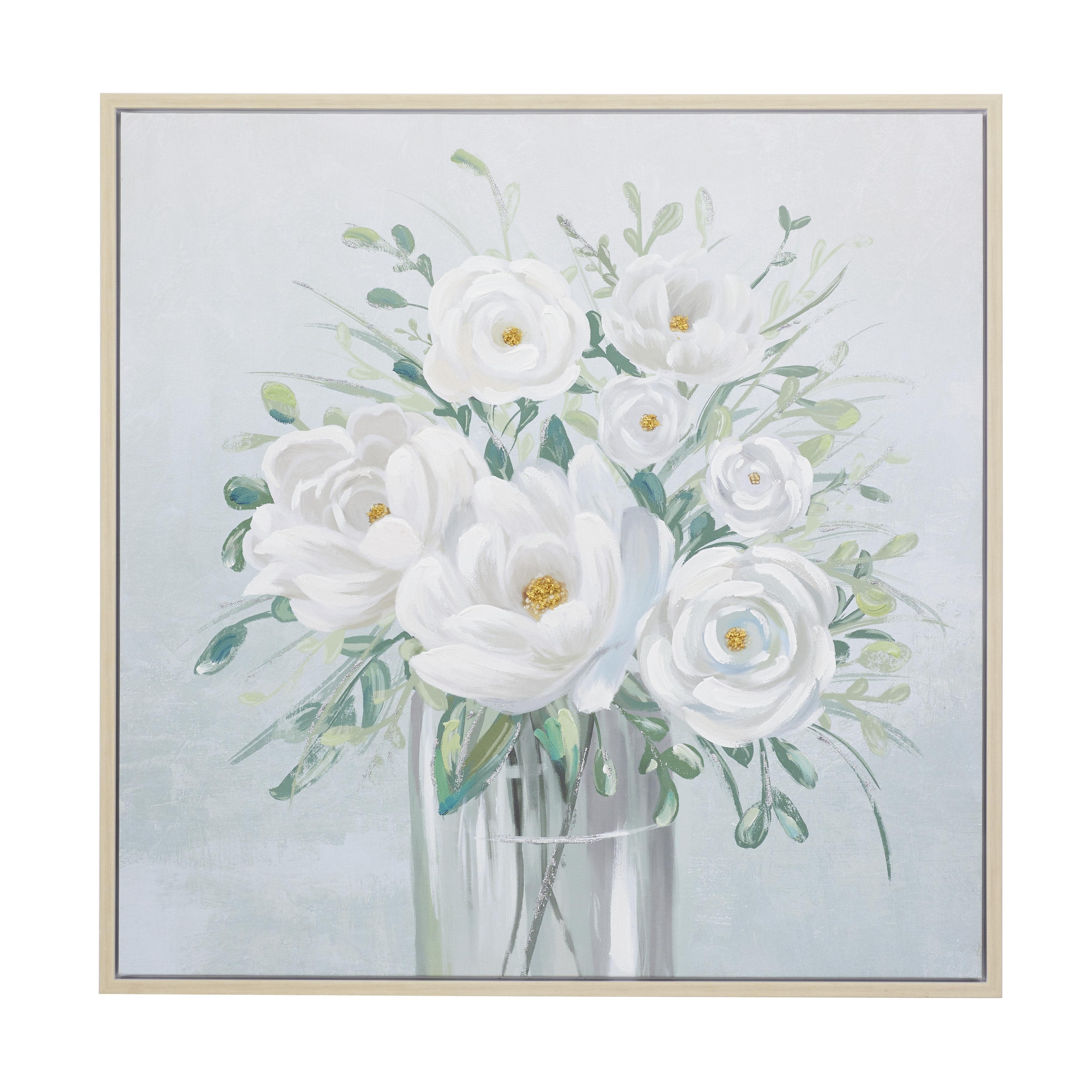 Canvas Floral Bouquet Framed Wall Art with Tan Frame - White - Roche River Decor