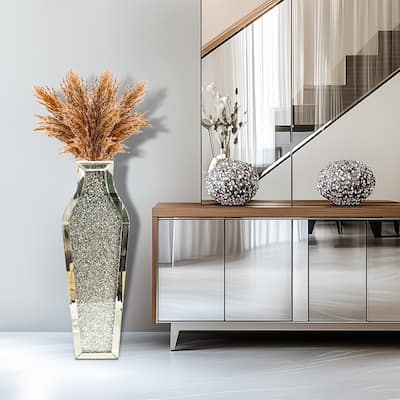 Glam Tall Crushed Diamond Floor Vase Crystal Silver for Home Decor