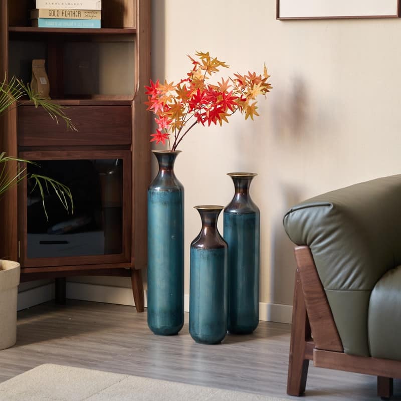 Large White Droplet-Shaped Glazed Metal Floor Vase Set (3-Piece) ，Modern Home Decor for Living Room, Entryway & Office