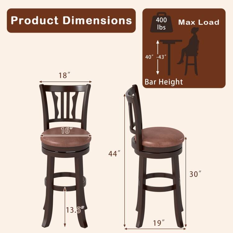 Set of 2 Cappuccino Rubber Wood MDF Faux Leather Swivel Bar Stools with Footrest