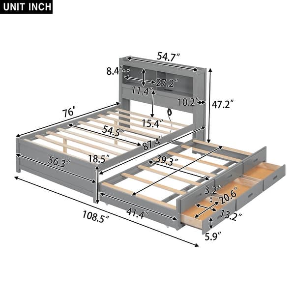 dimension image slide 0 of 2, Full Size Platform Bed Frame with Trundle, Storage Drawers, USB Ports, and Shelves for Bedroom, Easy to Assemble, White