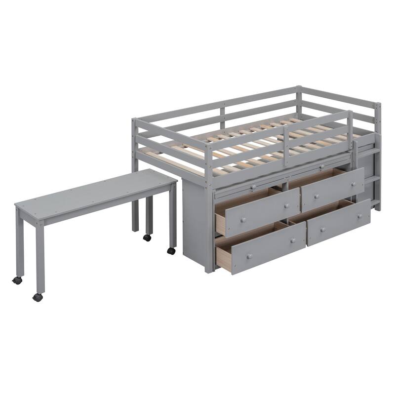 Twin/Full Size Low Loft Bed with Retractable Writing Desk and 4 Drawers, Wooden Loft Bed Frame w/ Lateral Portable Desk & Ladder