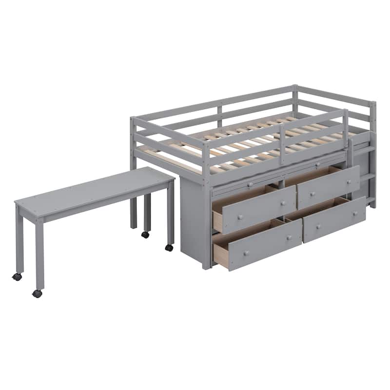 Twin Size Loft Bed w/ Retractable Writing Desk & 4 Drawers, Wooden Loft Bed w/ Lateral Portable Desk and Shelves, White