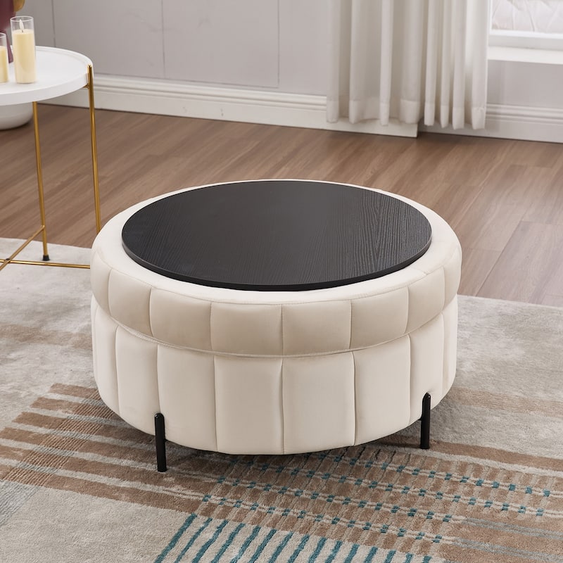 Round Ottoman with Storage, Channel Tufted Pumpkin-Shape Channel Footstool, Upholstered Footrest Stool with Reversible Lid