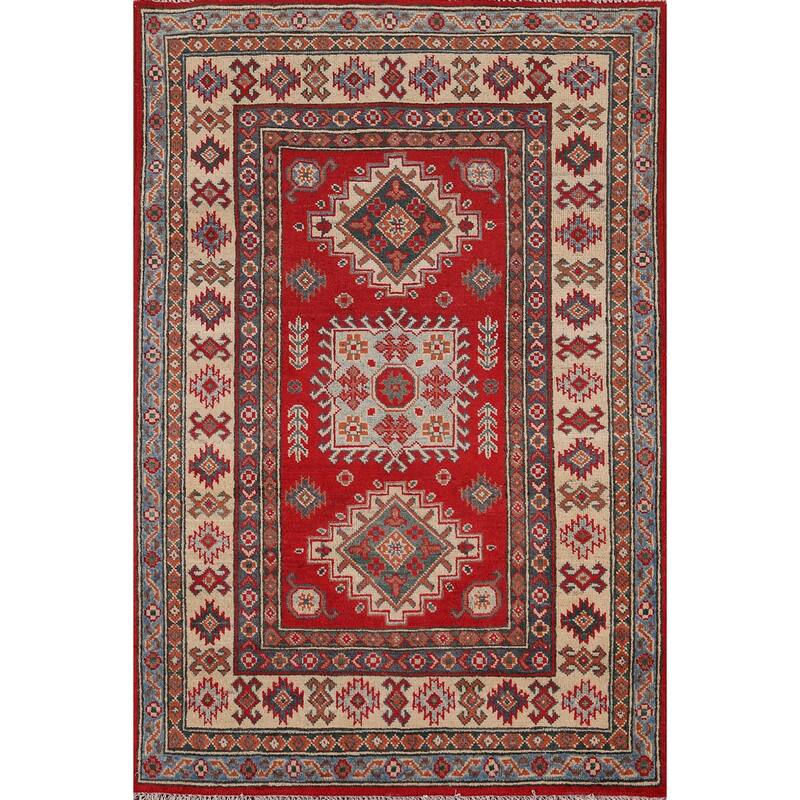 Red Geometric Kazak Oriental Rug Handmade Traditional Wool Carpet - 3'2" x 4'9"