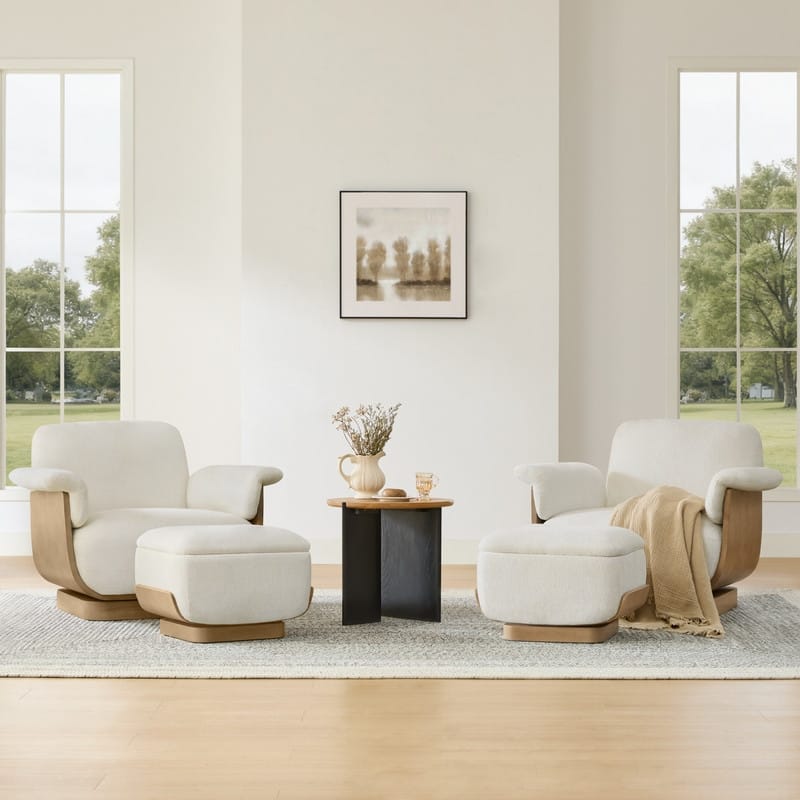 Spruce & Spring Modern Rounded Swivel Accent Chair & Storage Ottoman Set Living Room Set - Set of 2 - Cream-Fabric