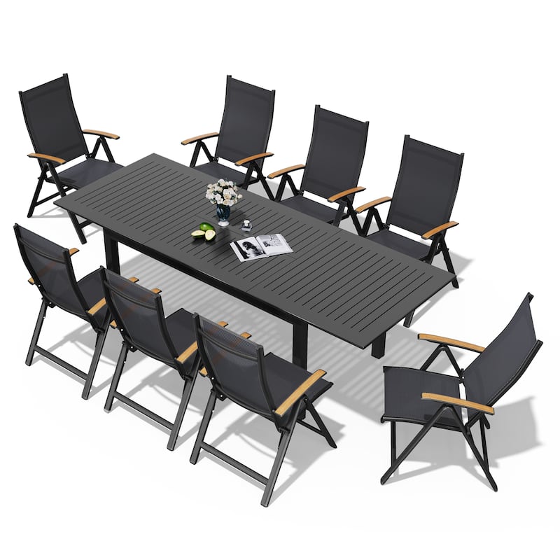 9pc Outdoor Aluminum Rectangular Extendable Patio Dining Sets Table with Folding Chair