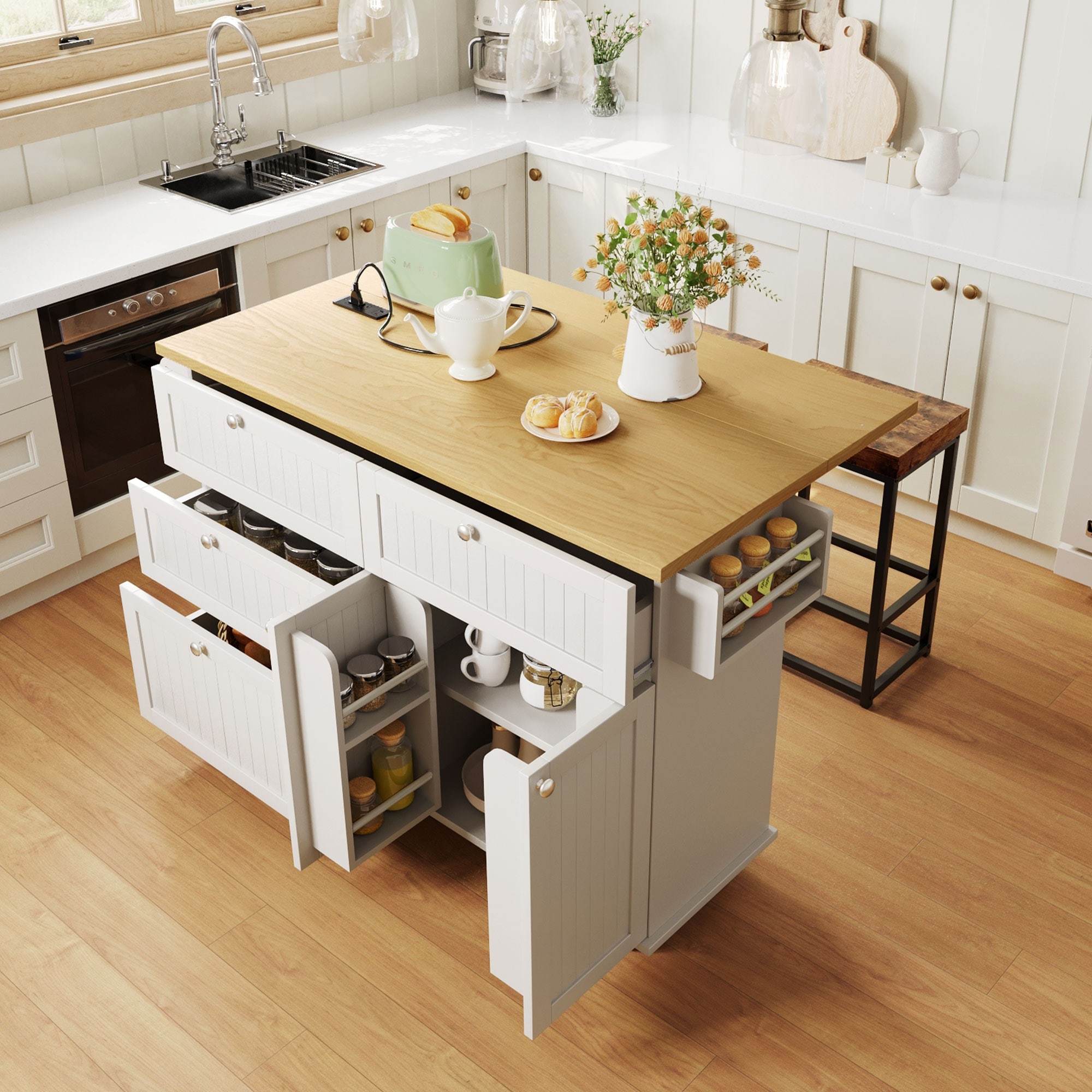 3PCS Sets Farmhouse Kitchen Island with 2 Stools, Drop Leaf, Cabinet, Drawers, Door Shelves, Power Outlet