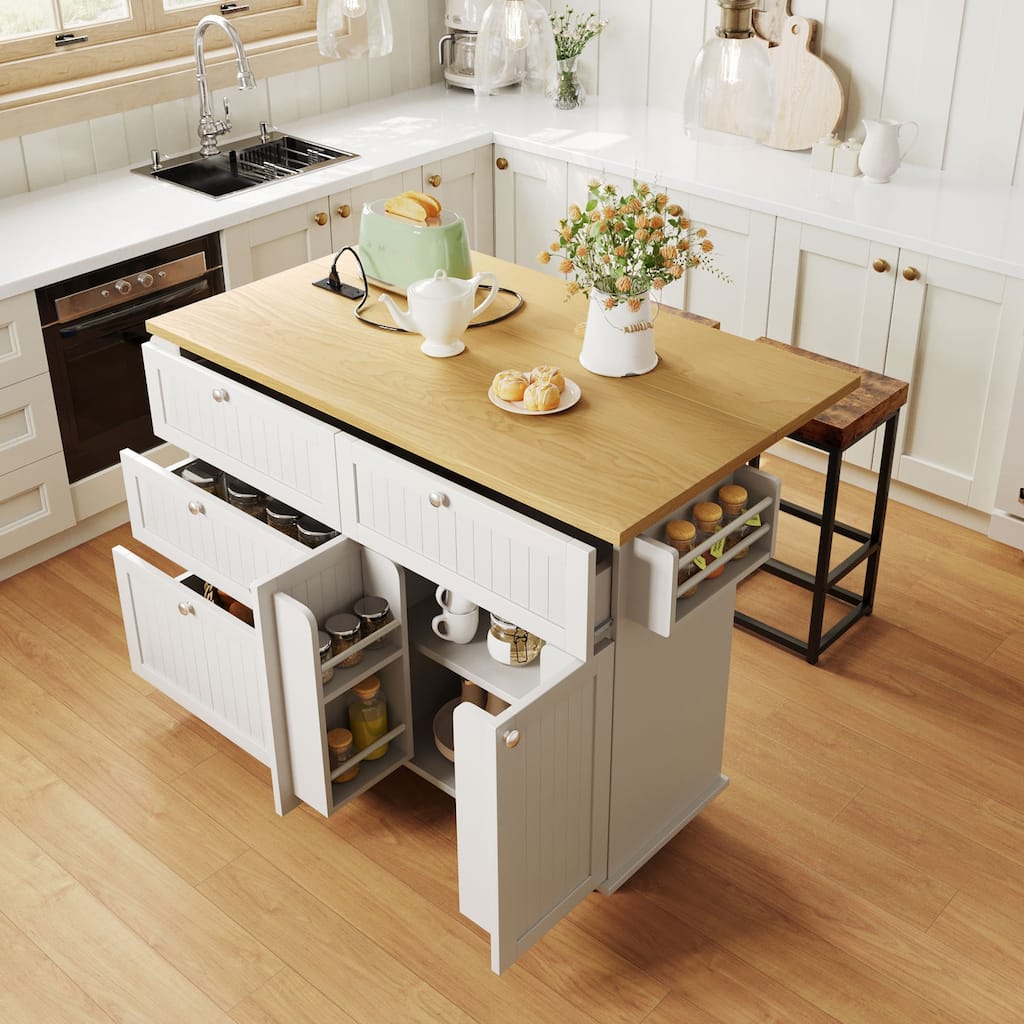 Farmhouse Kitchen Island with Drop Leaf Wood Storage Cabinet and Seating