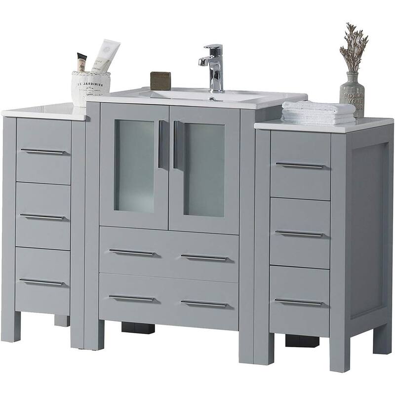 Blossom 48" Solid Wood Bathroom Vanity w/ Ceramic Sink & Side Cabinet - Metal Grey