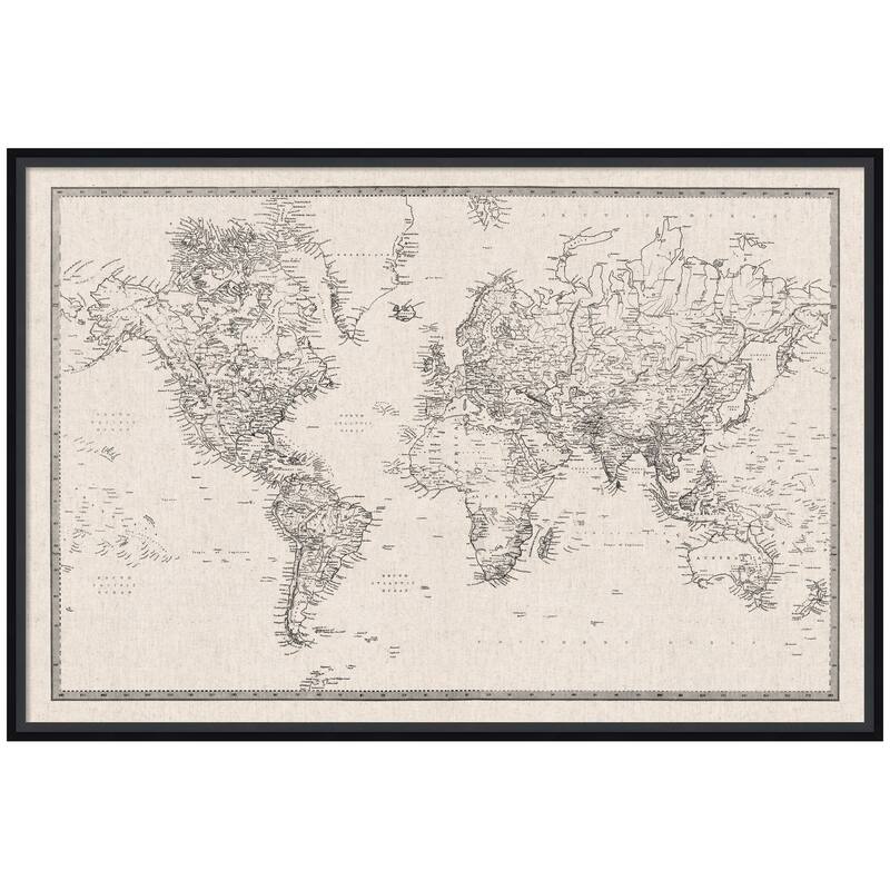 Kate and Laurel Framed Fabric Pinboard Vintage Black and White Linen World Map Wall Organization - 37 x 25 - Black