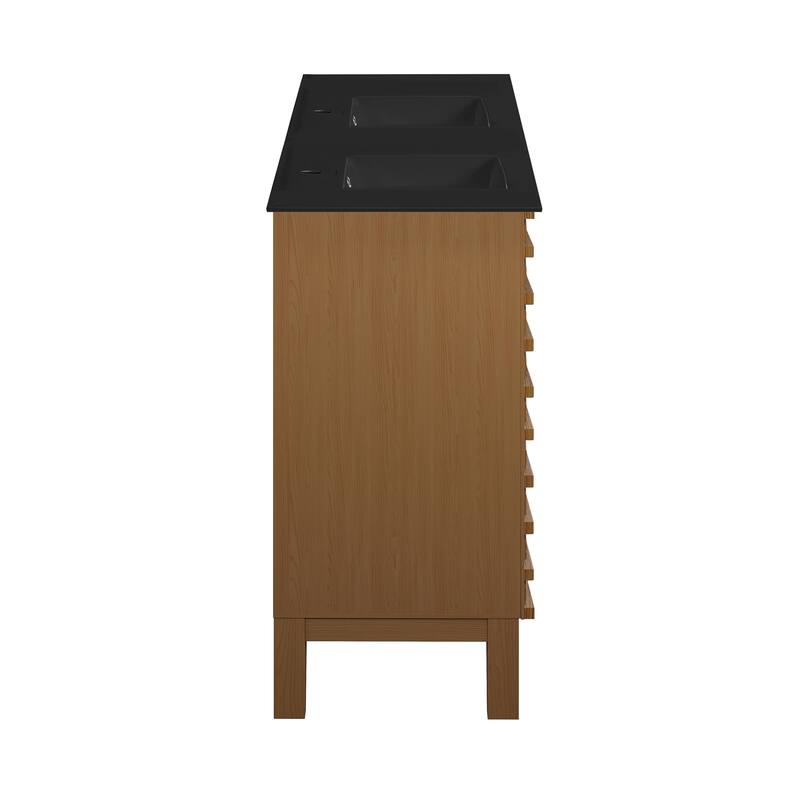 Cascade 48 In. Brown Oak, Double Basin Bathroom Vanity With Black Ceramic Sink Top