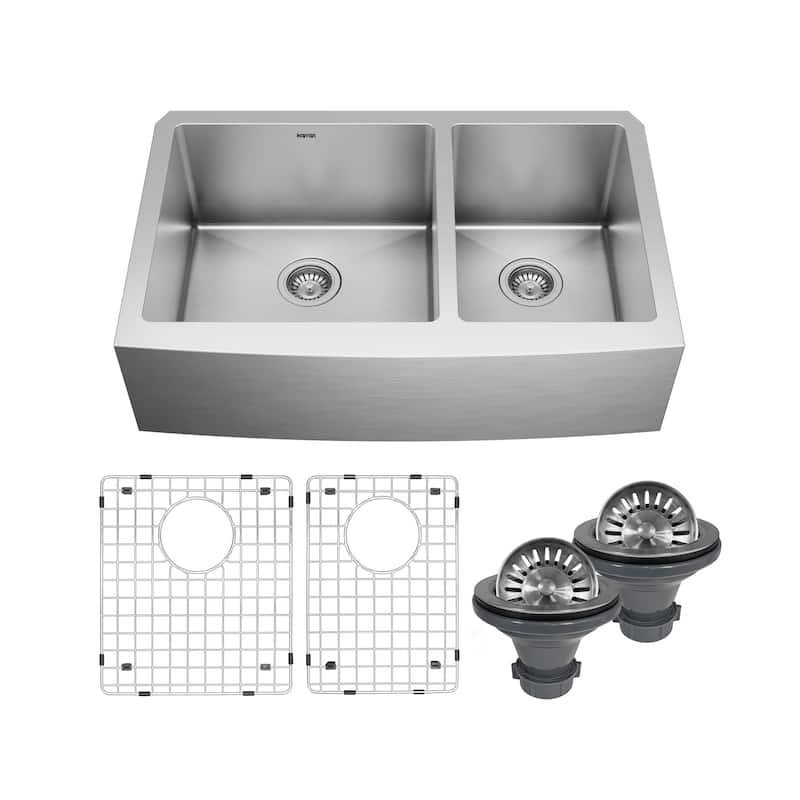 Karran Farmhouse Apron Front Stainless Steel 33 in. Double Bowl Kitchen Sink Kit