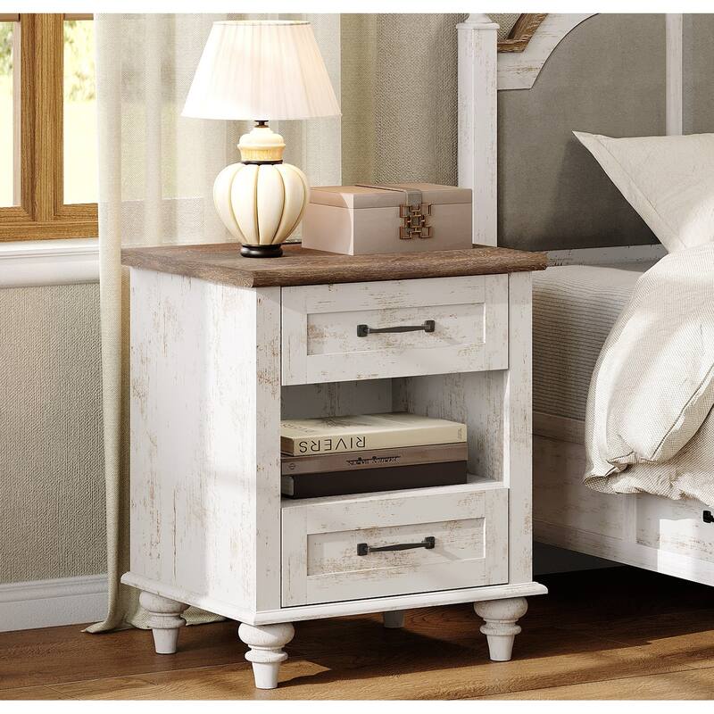 Farmhouse Nightstand Bedside Table, Wood 2-Drawer Side Table