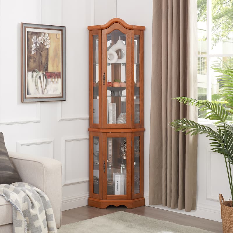 Lighted Corner Curio Cabinet, Freestanding Glass Display Cabinet, Wooden China Cabinet with Tempered Glass Doors & Shelves