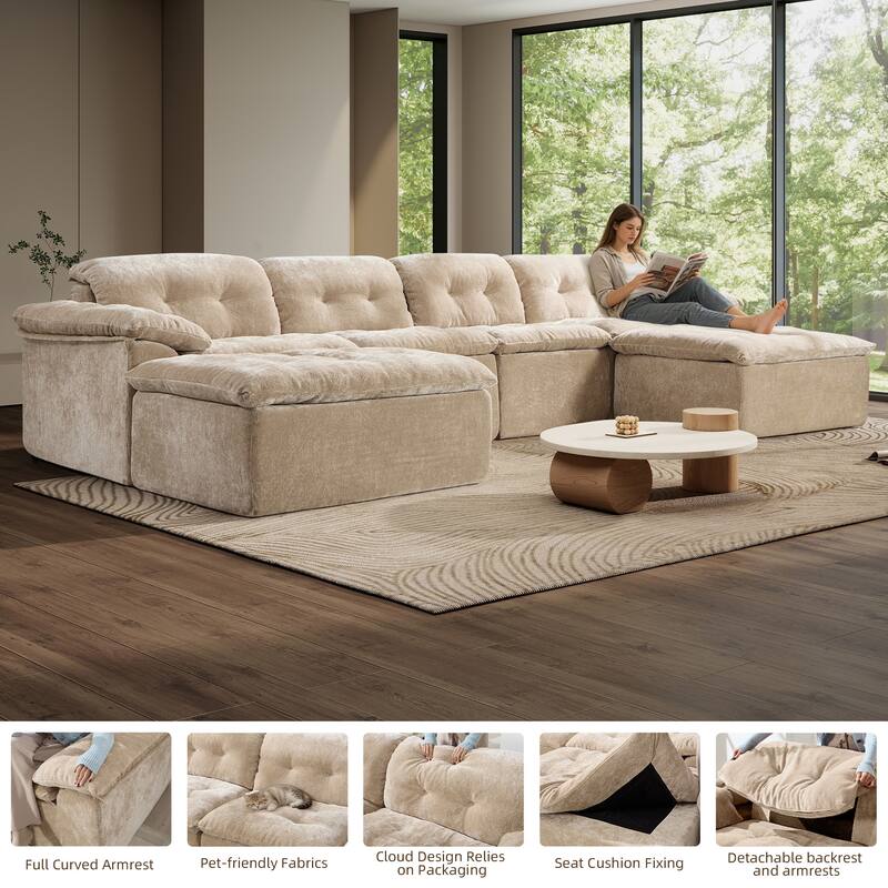 Rossetta 4-Seater Chenille Upholstery Modular Convertible Design Generous Seating Cushioned Sofa with 2 Versatile Ottomans