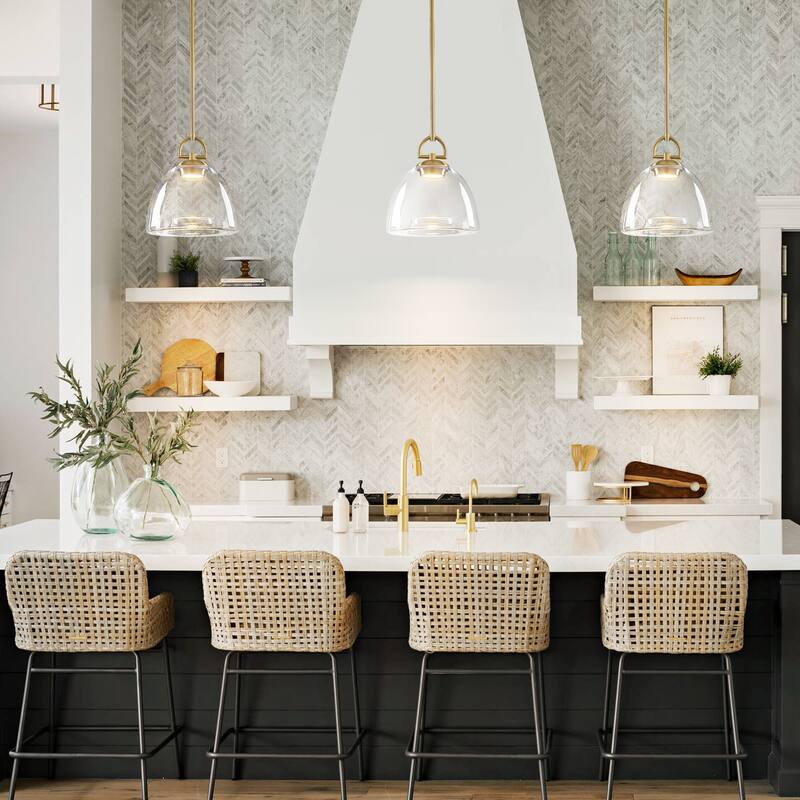 1-Light Modern Transitional Metal & Glass LED Pendant with Adjustable Height Clear Bell-Shade for Kitchen Island