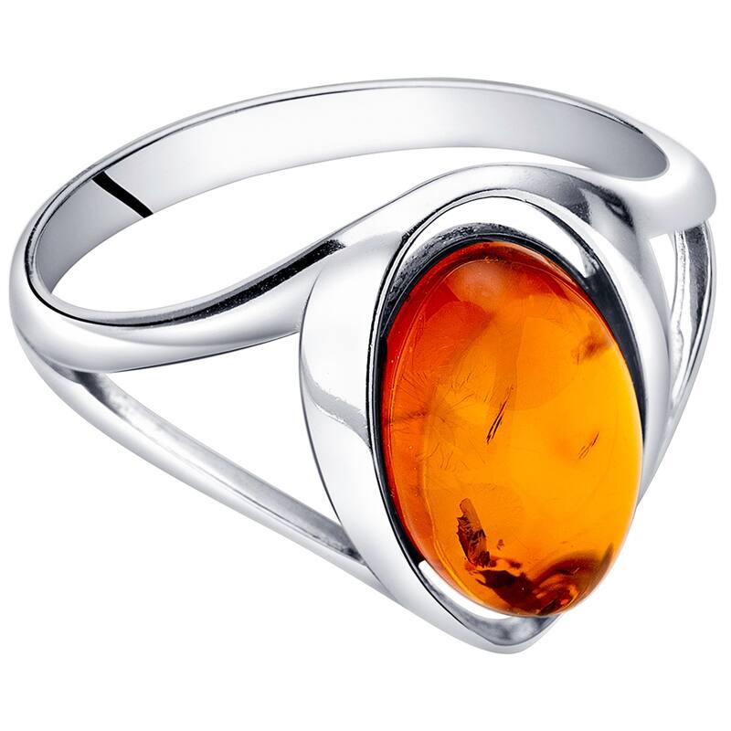 Oval Shape Amber Ring in Sterling Silver