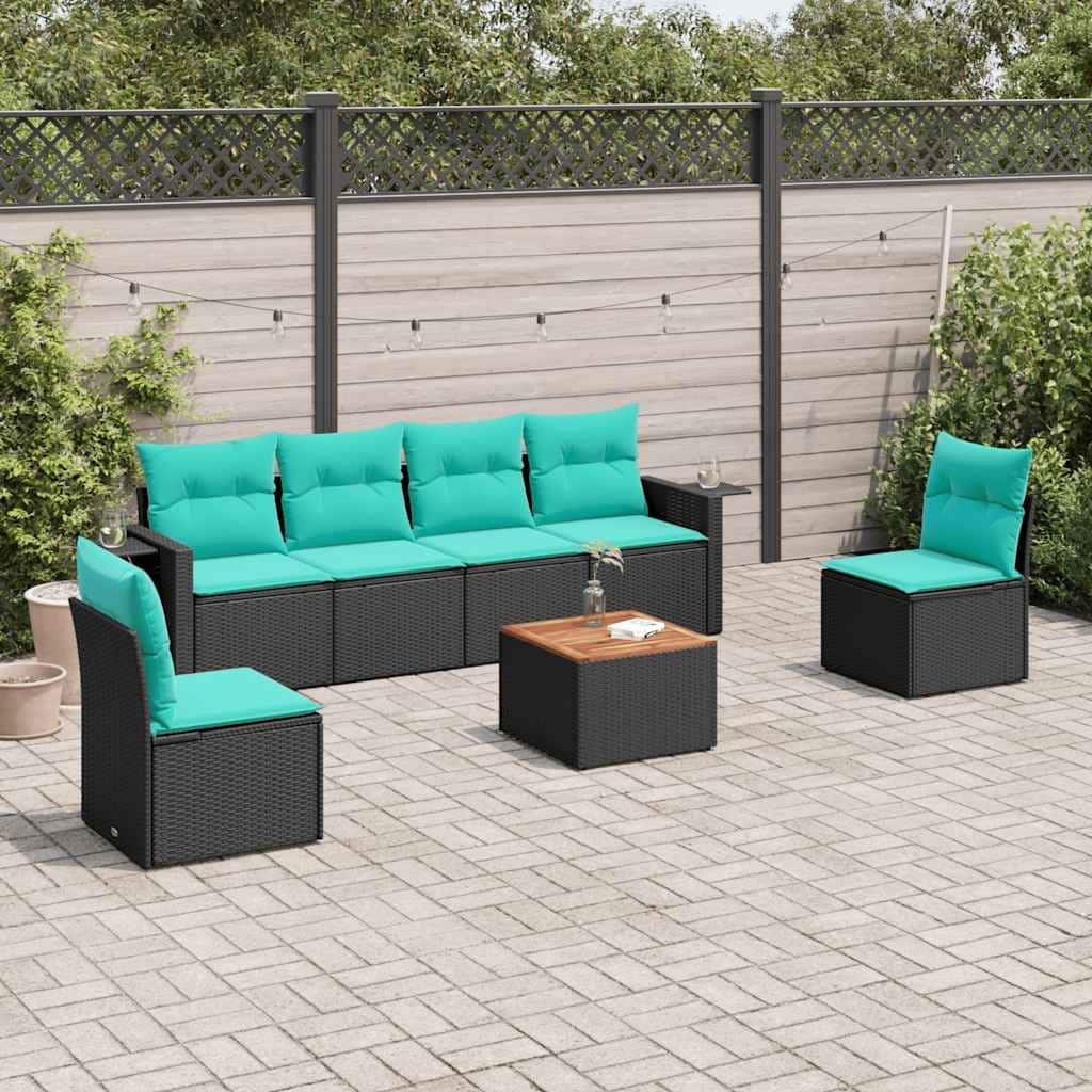 vidaXL 7 Piece Patio Sofa Set with Cushions Black Poly Rattan - 21.7" x 24.4" x 27.2"
