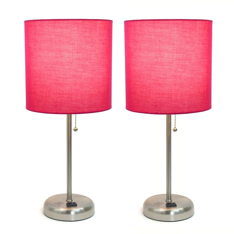19.5 in. Brushed Steel Finish Table Lamp with Pink Shade, Desk Lamp for Writing and Computer Desks, Set of 2