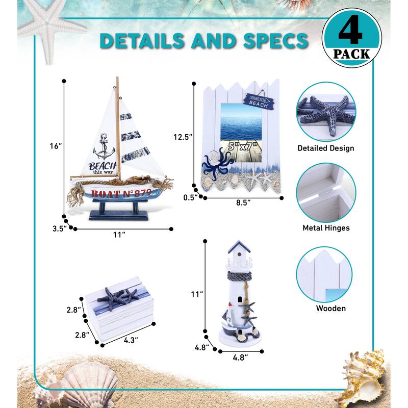 CoTa Global Ocean Blue Nautical Collection - Handcrafted - 4 pcs Set - 11″Lx3.5″Wx16″H