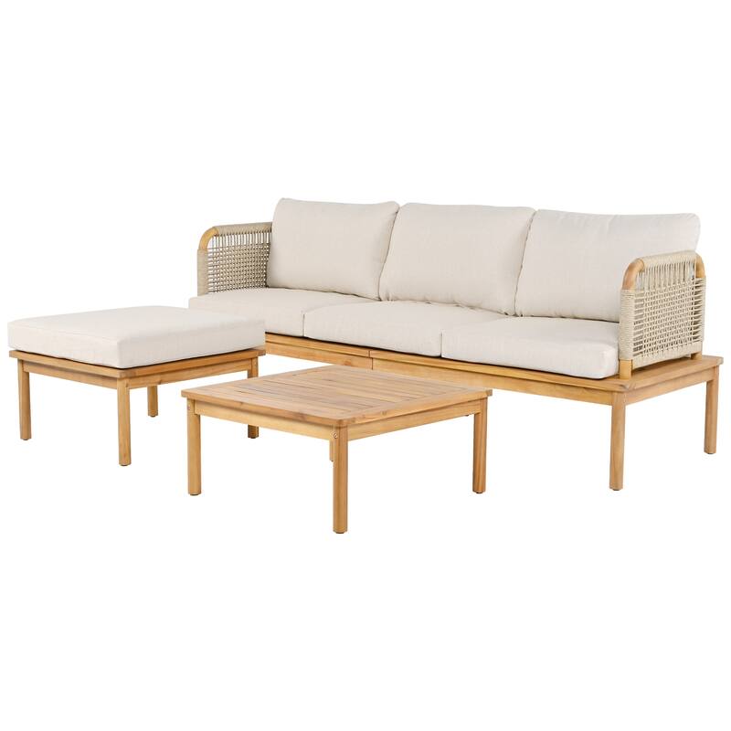 Roomfitters 3-Piece Outdoor Patio Sofa Set with Acacia Wood and Rope Accents, Cushioned Seating and Coffee Table, Beige