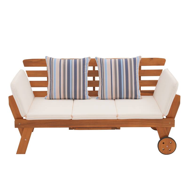 Outdoor Daybed Wooden Folding Lounge Chair with Front Tray and Wheels