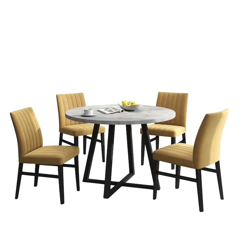 Roundhill Furniture Edo 5-Piece Dining Set, Round Table with 4 Upholstered Chairs,