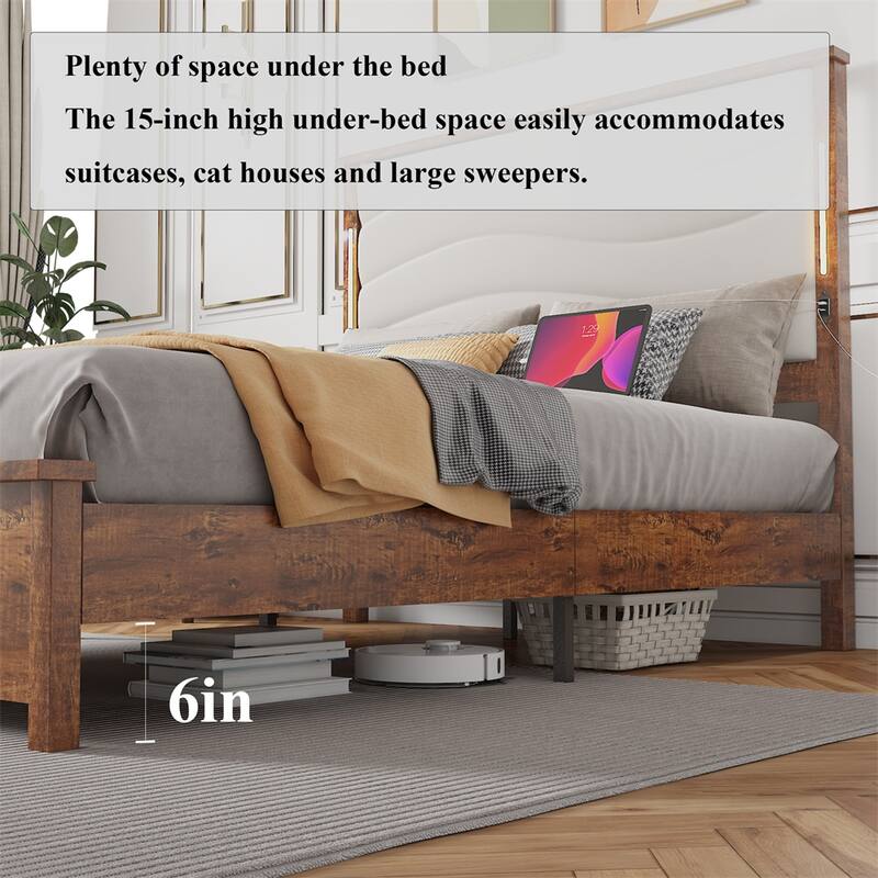 King Size LED Platform Bed w/ Upholstered Headboard, Charging Station