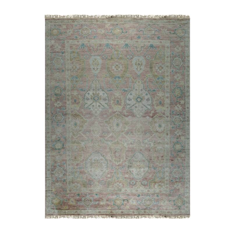 Pink Hand-Knotted Wool Oushak Rug, 9' x 12', plush cozy floor accent - L