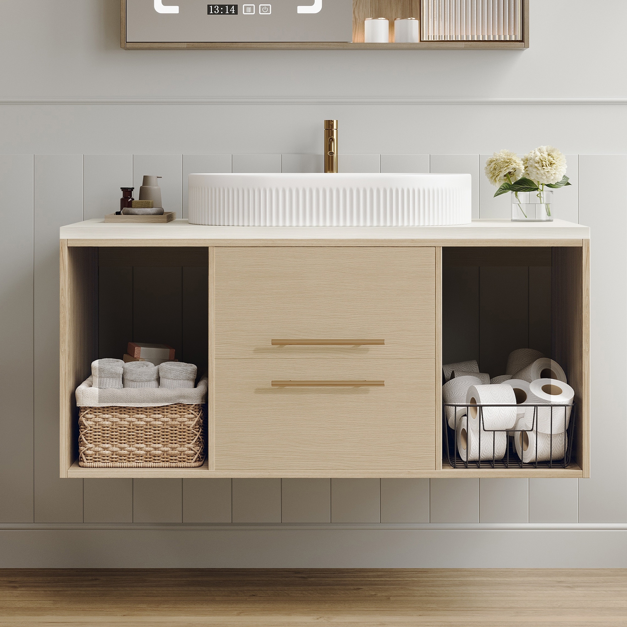 39.3" Wall-Mounted Bathroom Vanity with Sink, Floating Vanity, Multi-Layer Solid Wood Cabinet, Soft-Close Drawers, Open Shelf