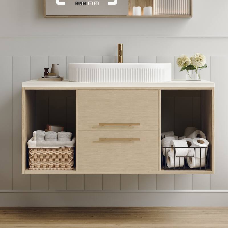 39.3"Wall-Mounted Bathroom Vanity with Oval Ceramic Sink,Floating Multi-Layer Cabinet Soft-Close Drawers Open Shelf Storage - White+Wood