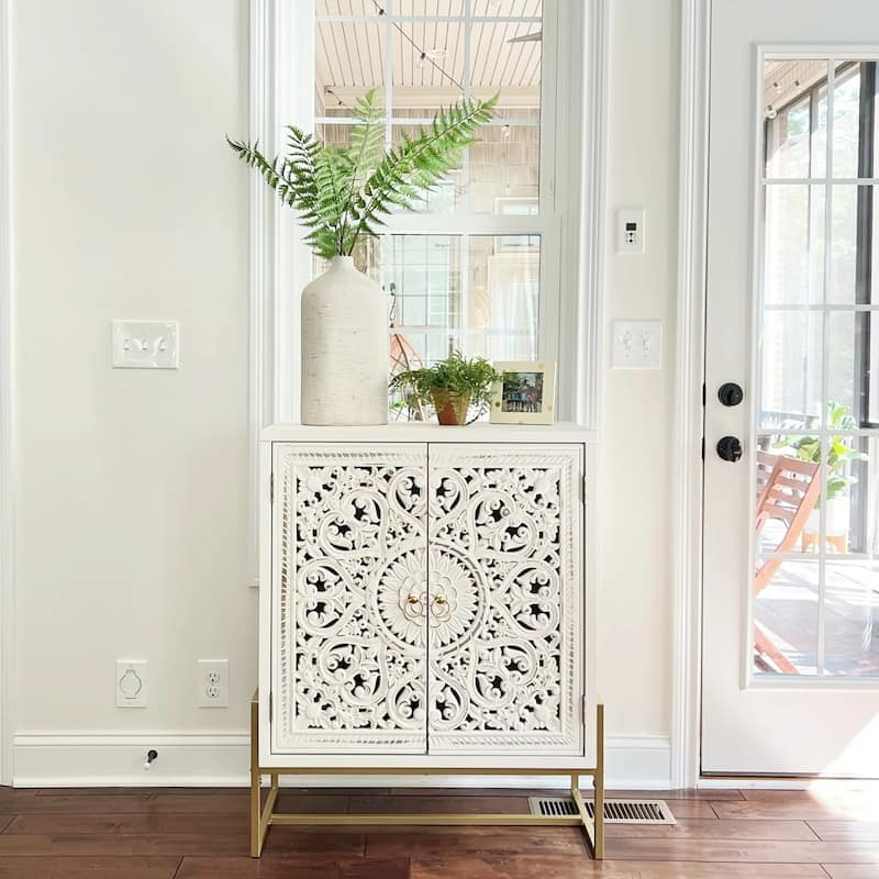 2-Door White Flower Hollow-Carved Metal Feet Cabinet - Antique White
