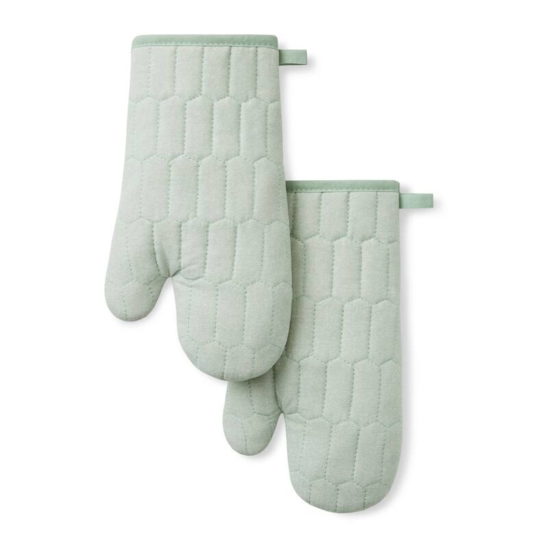 MARTHA STEWART Honeycomb Quilted Chambray Oven Mitt 2-Pack Set - 7"x13" - Mint Green