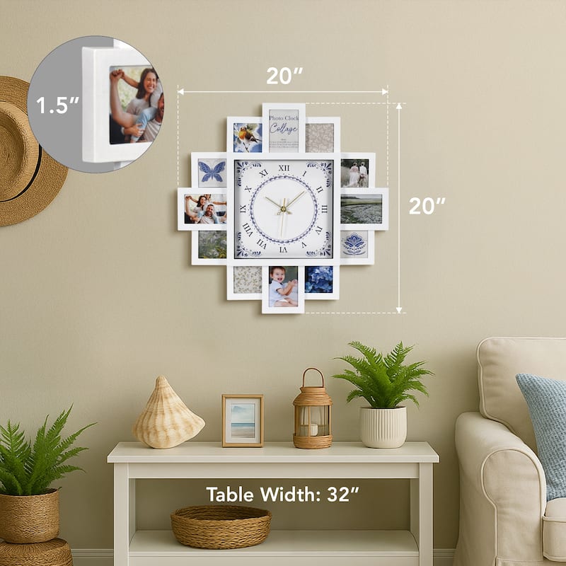 American Art Decor Picture Frame Collage Wall Clock 12 Photo Display Slots