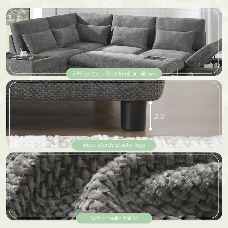 107" L-shaped Chenille Sofa with Adjustable Armrest and Ottoman