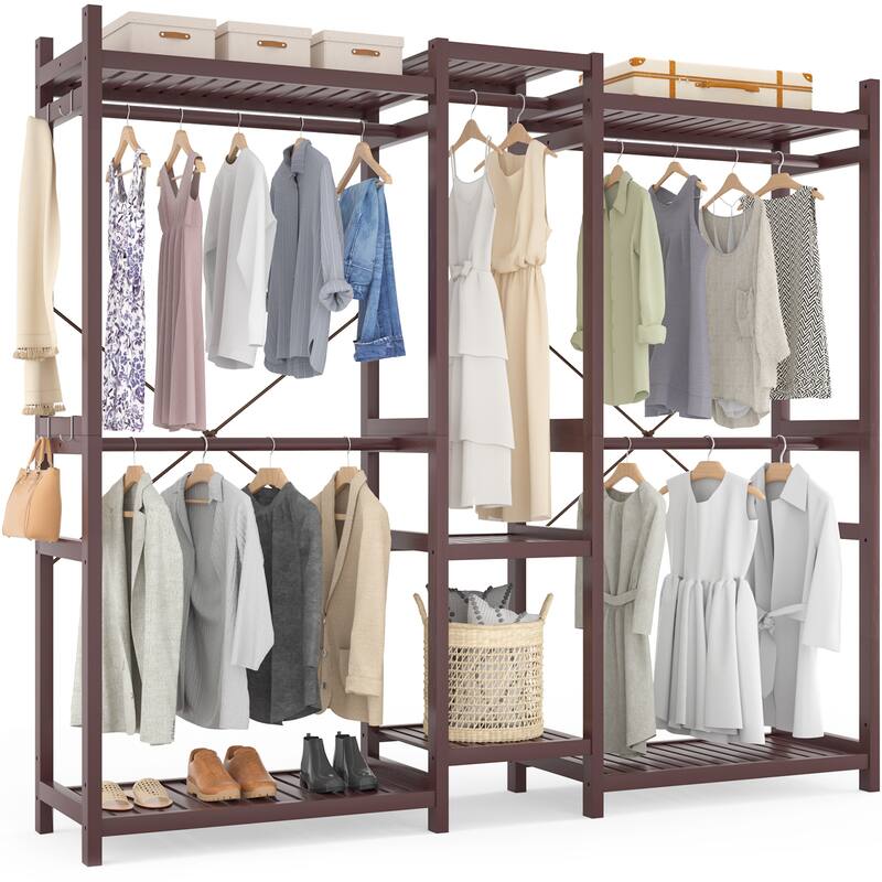 Bamboo Closet System Clothes Rack, Large Freestanding Garment Rack Clothing Rack for Hanging Clothes