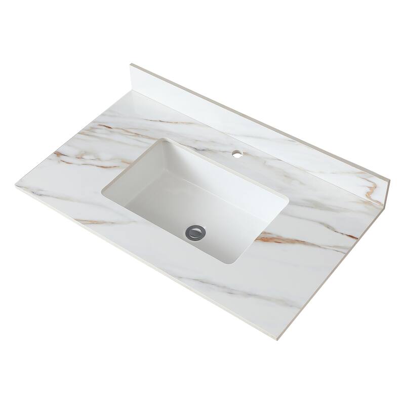 31 Inch Marble Vanity Top,Bathroom Vanity Top with Undermount Rectangular Middle Sink and 4 Inch Height Backsplash
