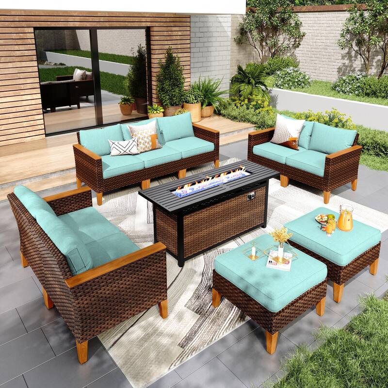 8-Piece Patio Outdoor Wicker Sectional Sofa Set, Large Seating Furniture Conversation Sets with Fire Pit Table - 9-Seat - Type Q