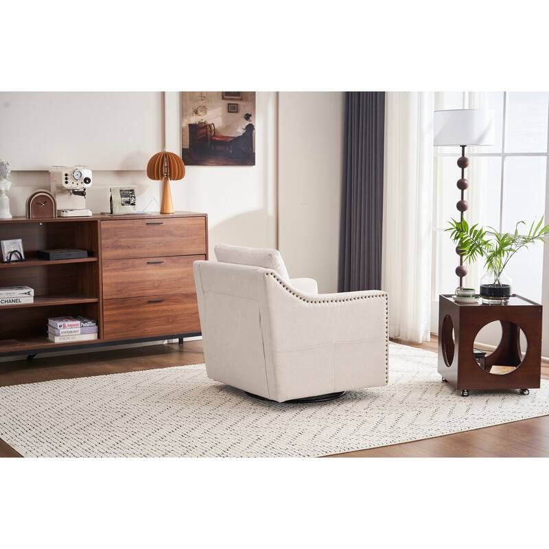 360° Swivel Accent Chair with 1 Back Pillow, Teddy Upholstered Reading Chair with Rivet Trim, Single Sofa Chair for Living Room